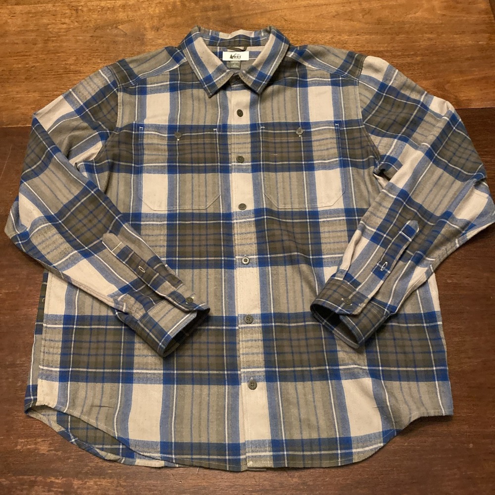 REI Cooperative Mens Button Down Casual Shirt Large Long Sleeve Plaid Blue/green